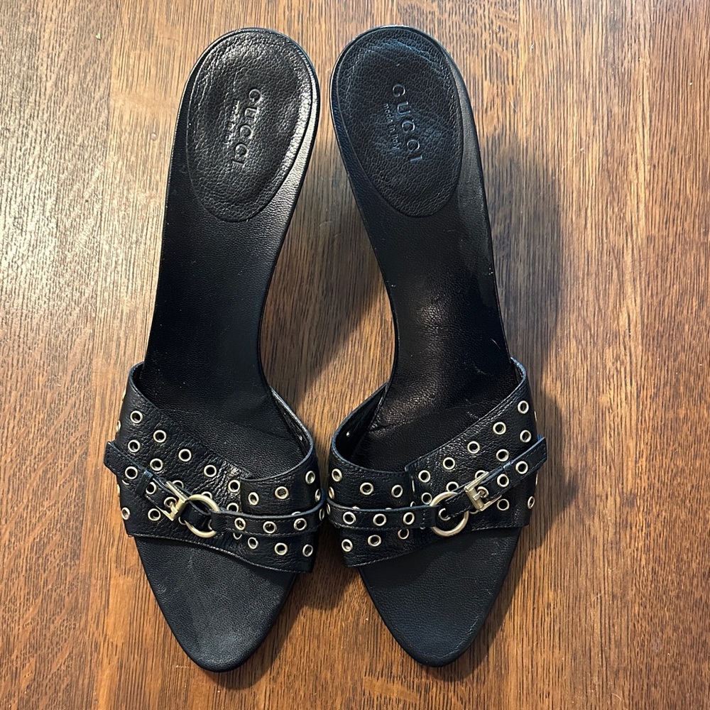Gucci Black and Gold Studded Mules